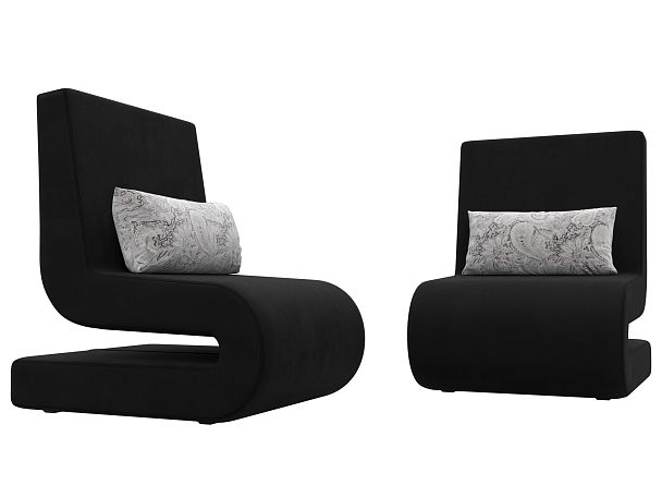 Кресло Волна (полностью микровельвет черный, подушки велюр серый с узором) - Вид 3