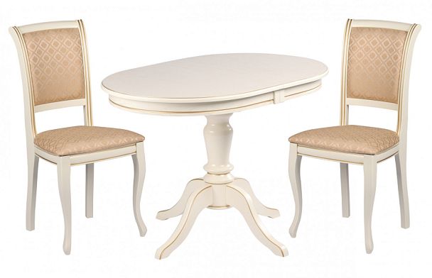 Обеденная группа стол Анфея 110(150)х75х76 Слоновая кость с золотой патиной и 2 стула Арктос Слоновая кость с золотой патиной/Бежевый жаккард - Вид 1