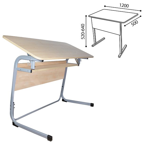 Стол-парта 2-местный, регулируемый угол, "Атлант", 1200х500х520-640 мм, рост 2-4, серый каркас, ЛДСП клён - Вид 3