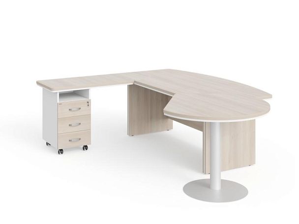 БЕРЛИН / BERLIN Стол руководителя L угловой с брифингом и тумбой 3 ящика 2550х2000х760 Акация/Белый - Вид 1