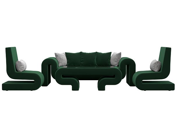 Волна набор 2 - диван, стол, 2 кресла (полностью велюр зеленый) - Вид 2