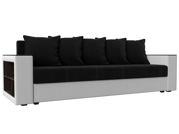 Диван прямой Дубай Лайт полки слева (основа микровельвет черный, компаньон экокожа белая) - Вид 1