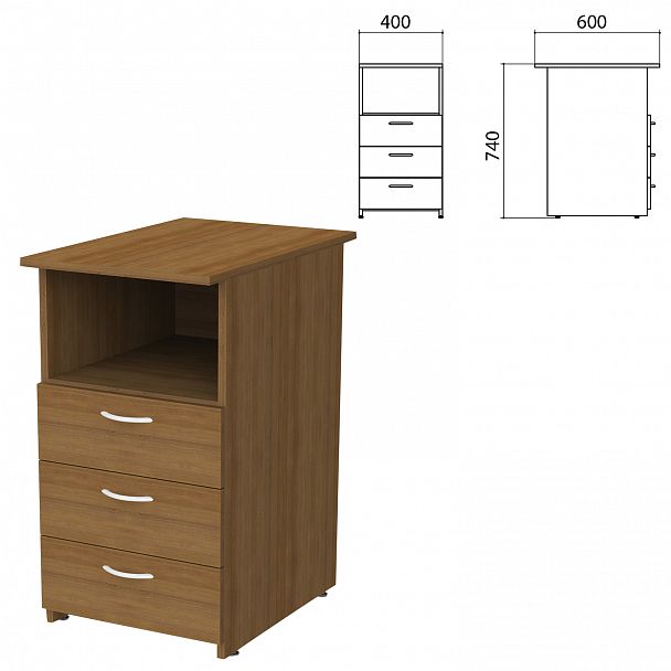 Тумба приставная "Бюджет", 400х600х740 мм, 3 ящика, полка, орех французский, 402657-190 - Вид 2