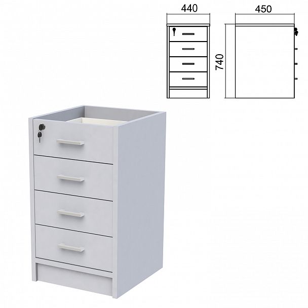 Тумба (каркас БЕЗ КРЫШКИ) приставная "Арго", 440х450х740 мм, 4 ящика, замок, серый - Вид 2