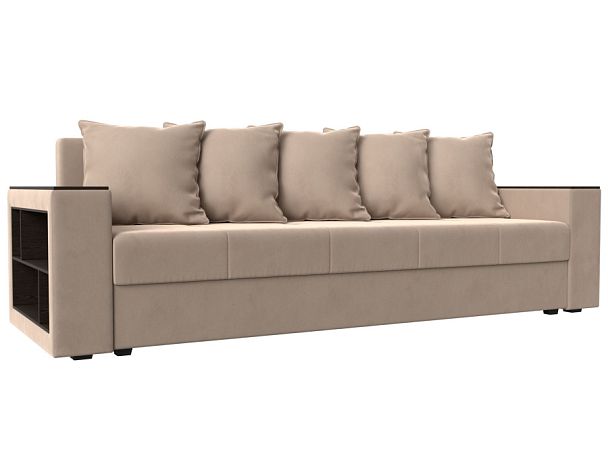 Диван прямой Дубай Лайт полки слева (полностью велюр бежевый) - Вид 1