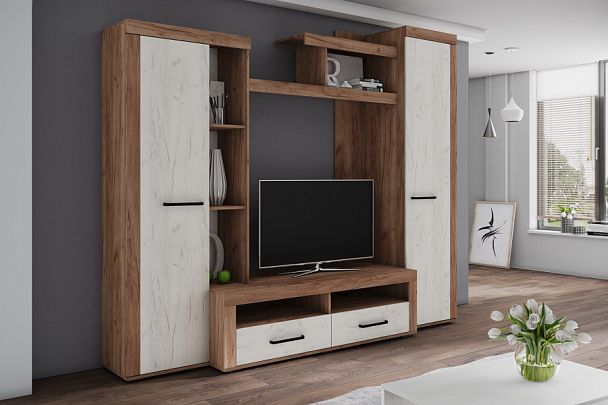 Гостиная Марсель-4 (2480х2108х514) дуб крафт табачный/дуб крафт белый - Вид 1