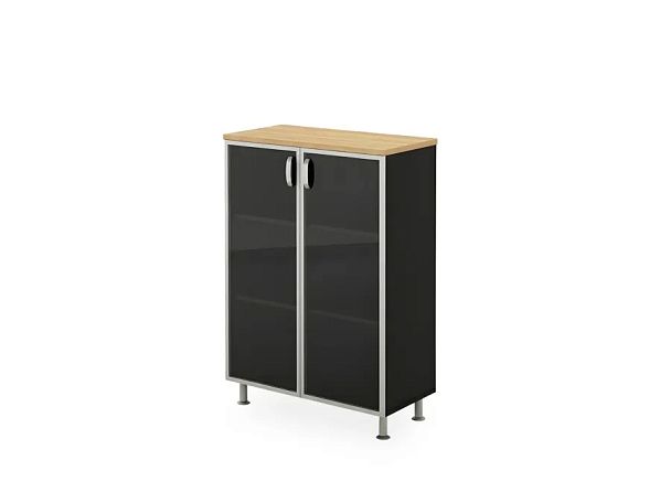 БЕРЛИН / BERLIN Стеллаж закрытый витрина стекло в раме 900х430х1290 Акация/Черный - Вид 1