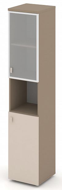 Шкаф высокий узкий (1 низкий фасад ЛДСП + 1 низкий фасад стекло Лакобель IVORY / UMBRA в раме) "ESTETICA" ES.SU-1.4R Капучино - Вид 2