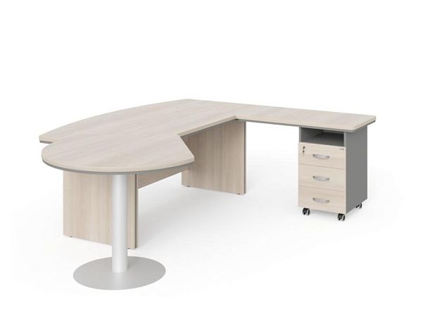 БЕРЛИН / BERLIN Стол руководителя R угловой с брифингом и тумбой 3 ящика 2550х2000х760 Акация/Серый - Вид 1