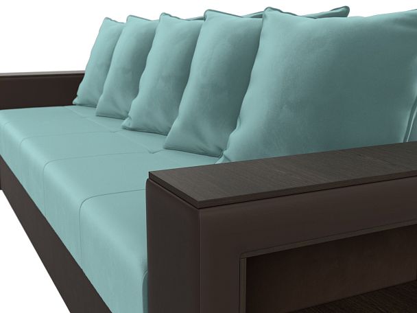 Диван прямой Дубай Лайт полки справа (основа Велюр Бирюзовый, компаньон экокожа коричневая) - Вид 4