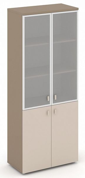 Шкаф высокий широкий (2 низких фасада ЛДСП + 2 средних фасада стекло сатин матовый) "ESTETICA" ES.ST-1.2 Капучино/Сатин матовый - Вид 1