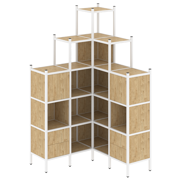 Loft Угловой внутренний стеллаж наборный VR.L-45 Тиквуд светлый/Белый металл 1278*1278*2280 - Вид 1