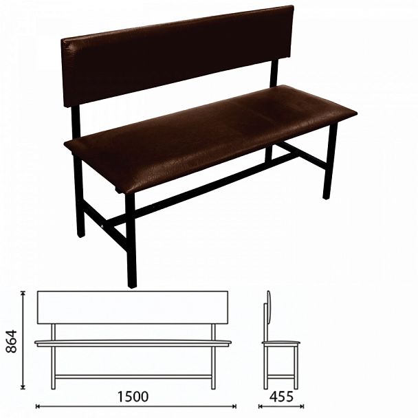Банкетка со спинкой "Берта" 1500х455х864 мм, усиленная, черный каркас, кожзам коричневый - Вид 1