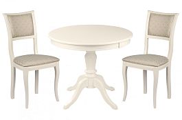 Обеденная группа стол Элат D90(130)х90х76 Слоновая кость и 2 стула Камир Слоновая кость/Бирюзовый жаккард - Фото предпросмотра