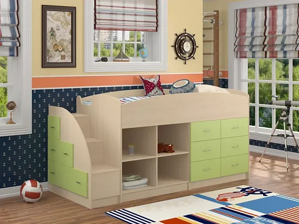 Кровать-чердак "Дюймовочка-4.1" дуб/салатовый - Вид 1
