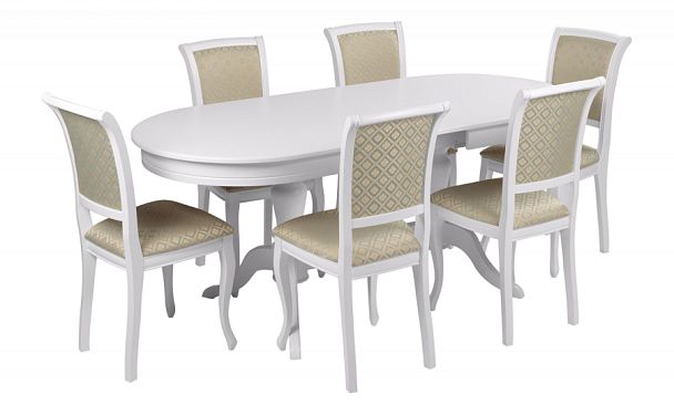 Обеденная группа стол Арей 160(210)х90х76 Белый и 6 стульев Арктос Белый/Бирюзовый жаккард - Вид 1