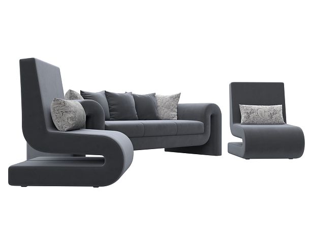 Волна набор 1 - диван, 2 кресла (полностью велюр серый) - Вид 3
