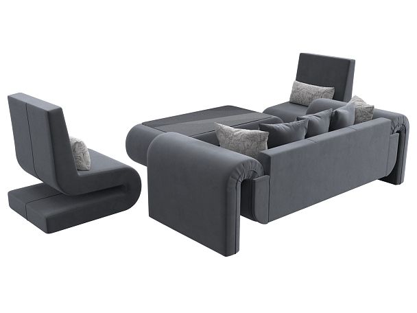 Волна набор 2 - диван, стол, 2 кресла (полностью велюр серый) - Вид 5