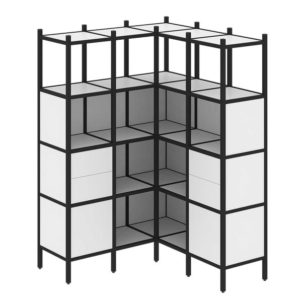 Loft Угловой внутренний стеллаж наборный VR.L-33 Белый бриллиант/Чёрный металл 1278*1278*1869 - Вид 1