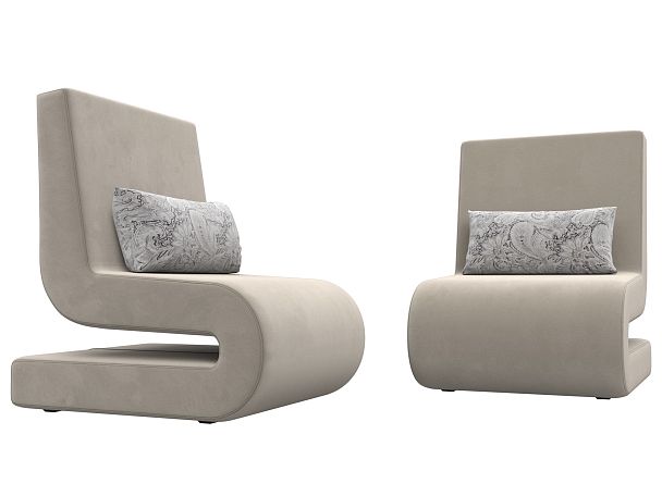 Кресло Волна (полностью микровельвет бежевый, подушки велюр серый с узором) - Вид 3
