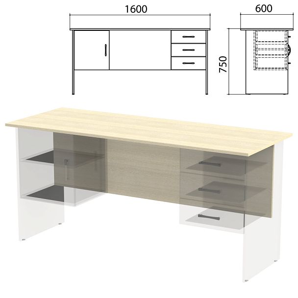 Столешница, царга стола письменного с 2 тумбами "Канц" 1600х600х750 мм, цвет дуб молочный, СК28.15.1 - Вид 1