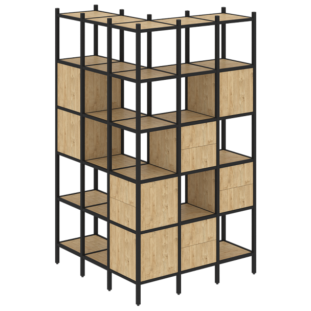 Loft Угловой внешний стеллаж наборный VR.L-53 Тиквуд светлый/Чёрный металл 1278*1278*2280 - Вид 1