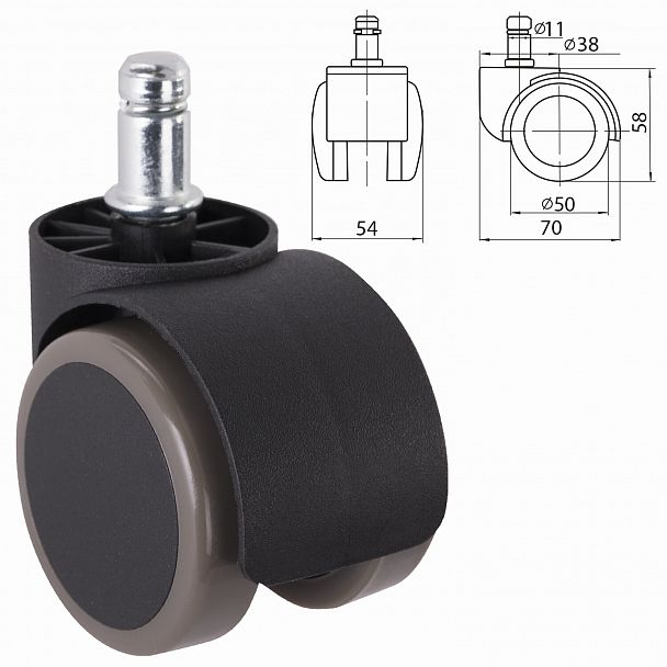Колеса (ролики) для кресла, комплект 5 шт., прорезиненные, шток d - 11 мм, цвет черный - Вид 2