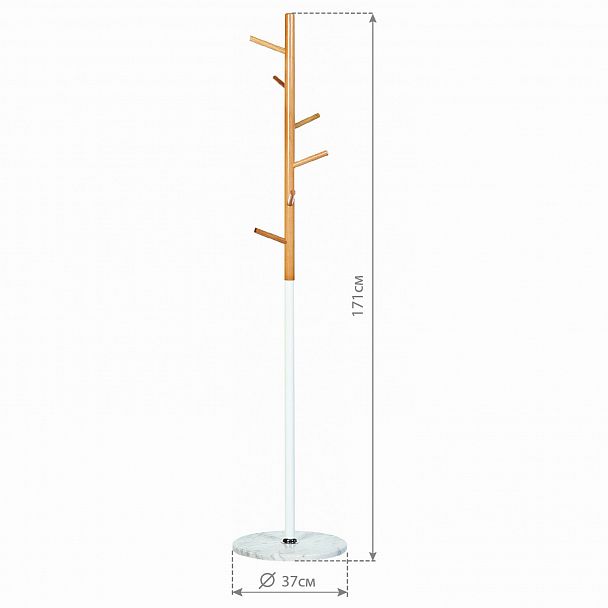 Вешалка-стойка BRABIX "CR-1906" на мраморном диске, металл белый/дерево бук, 6 крючков, 606440 - Вид 7