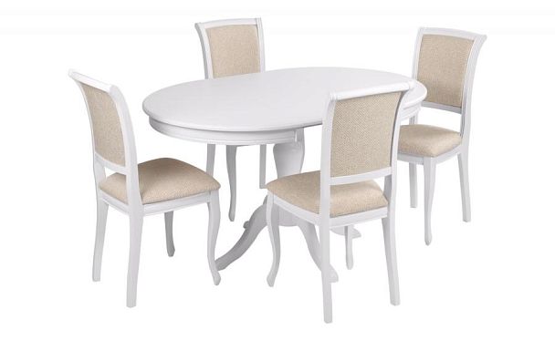 Обеденная группа стол Элат D90(130)х90х76 Белый и 4 стула Арктос Белый/Кремовая рогожка - Вид 1