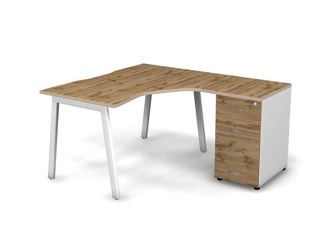 MATRIX 121S190-A Стол эгоном-й с тумбой R, пров-ик вырезной (А-опоры) 1380х1580х775 Дуб Крафт/Белый - Вид 1