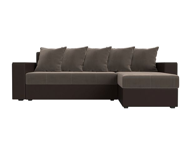 Диван угловой Дубай Лайт угол правый (основа велюр коричневый, компаньон экокожа коричневая) - Вид 2