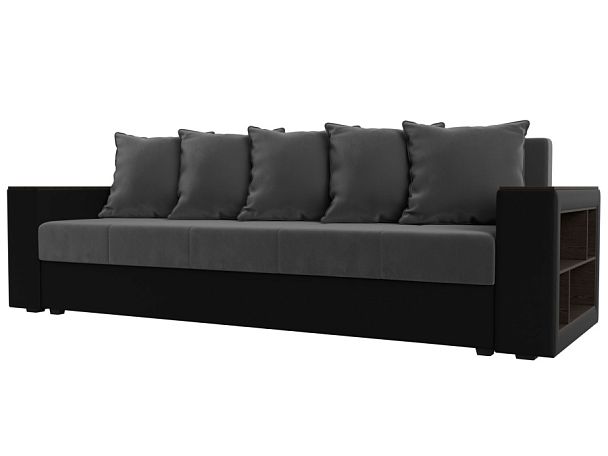 Диван прямой Дубай Лайт полки справа (основа велюр серый, компаньон экокожа черная) - Вид 1