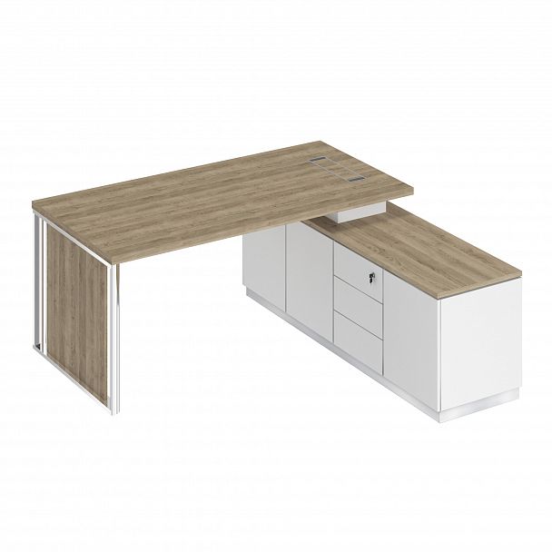 Стол руководителя на опорной тумбе (левый/правый) с декоративной вставкой "Bravo" БР 107 дуб гладстоун светлый/белый премиум/белый премиум - Вид 1