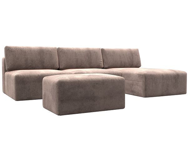Диван угловой модульный с пуфом Лига-060 НПБ Лонг угол универсальный Велюр бежевый - Вид 2