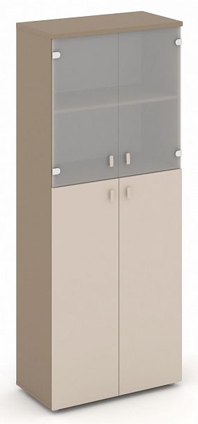 Шкаф высокий широкий (2 средних фасада ЛДСП + 2 низких фасада стекло сатин матовый) "ESTETICA" ES.ST-1.7 Капучино/Сатин матовый - Вид 1