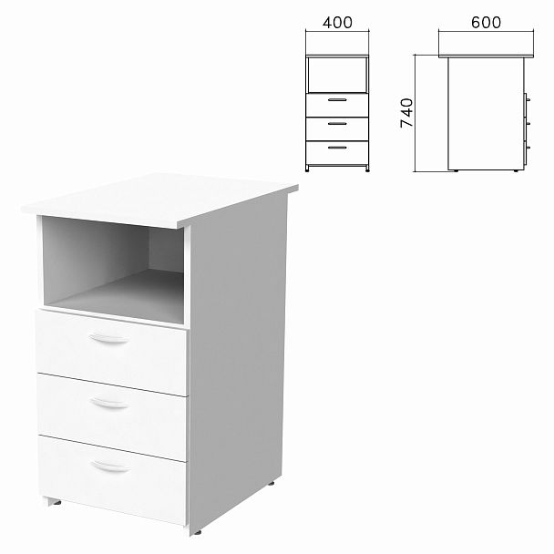 Тумба приставная "Бюджет", 400х600х740 мм, 3 ящика, полка, белый, 402985-290 - Вид 2