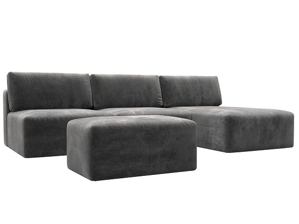 Диван угловой модульный с пуфом Лига-060 НПБ Лонг угол универсальный Велюр серый - Вид 2