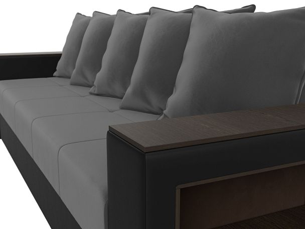 Диван прямой Дубай Лайт полки справа (основа велюр серый, компаньон экокожа черная) - Вид 4