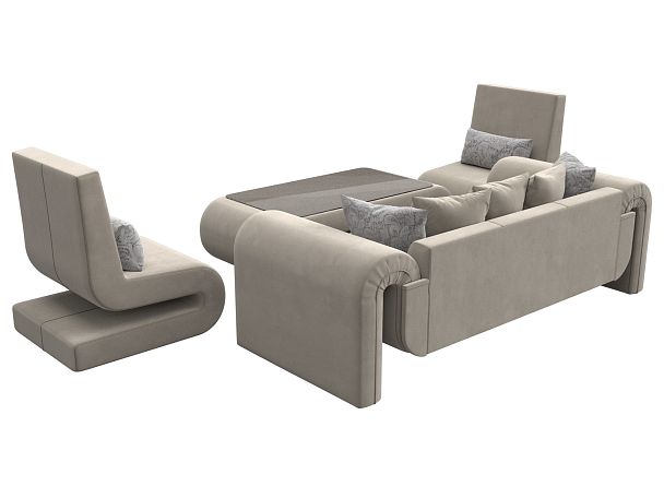 Волна набор 2 - диван, стол, 2 кресла (полностью микровельвет бежевый) - Вид 5