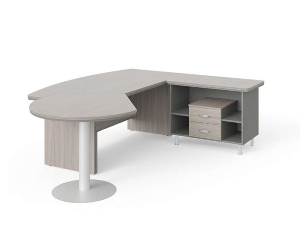 БЕРЛИН / BERLIN Стол руководителя R угловой с брифингом и тумбой 2 ящика 2350х2000х760 Дрифтвуд/Серый - Вид 1