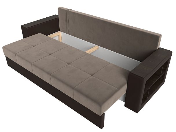 Диван прямой Дубай Лайт полки справа (основа велюр коричневый, компаньон экокожа коричневая) - Вид 7